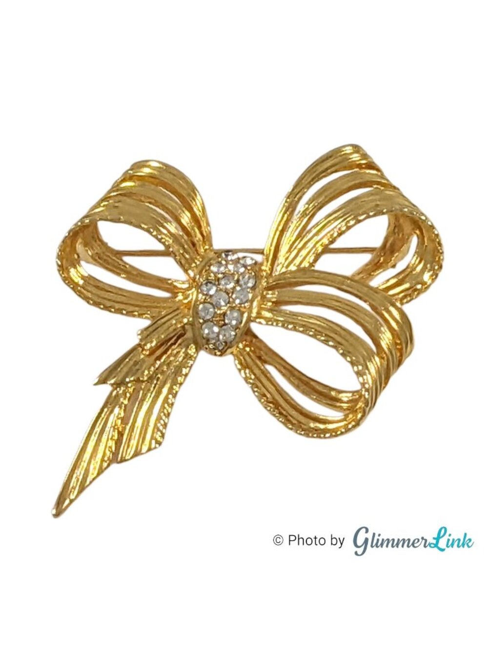 Vintage Gold Tone Triple Loop Bow Brooch Clear Rhinestone Center
